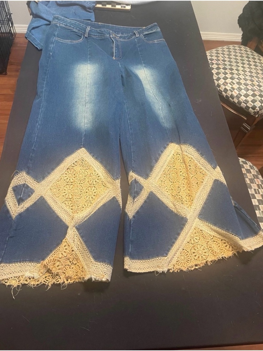 Jaded Gypsy Blue Wide-Leg Jeans with Cream Crochet Inset